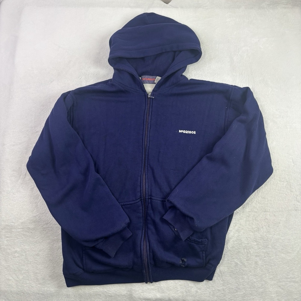 VTG 80's McGregor Blue Full Zip LS Thermal Lined Hoodie Men's Large Distressed